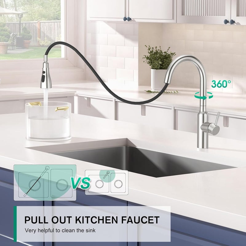 Crea Brushed Nickel Kitchen Faucets with Pull Down Sprayer, Faucets for Kitchen Sink, Small High Arc RV Stainless Steel Single Handle Pull Out Kitchen Sink Faucets, Brushed - Image 2